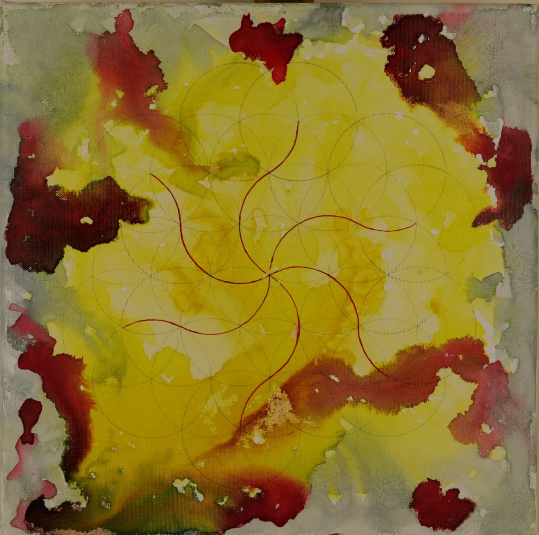 Feuerrad auf Blume des Lebens - Bleistift und Aquarell - Ausgang-frei.de