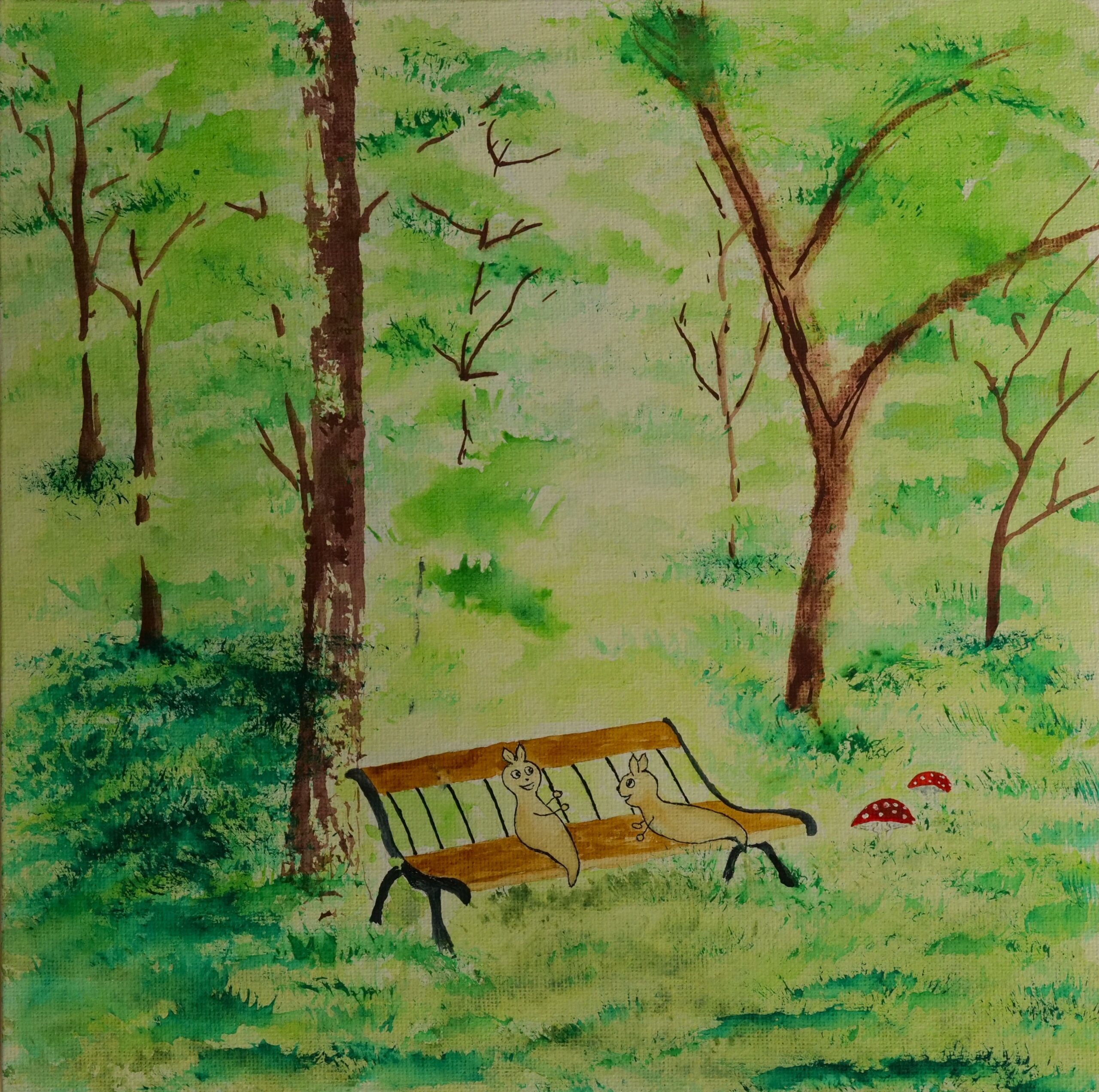 Murchies Plausch auf der Parkbank Aquarell und Tusche - Ausgang-frei.de
